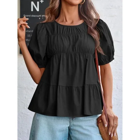 Women’s Cotton Puff Sleeve Babydoll Top Summer Casual Flowy Blouse Small - Picture 3 of 7